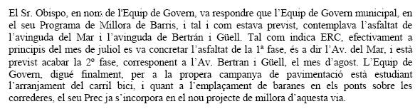 Resposta de l'Equip de Govern Municipal (PSC i ICV) a la pregunta d'ERC de Gavà sobre la instal·lació de baranes a les corredores de l'avinguda del mar (27 de juliol de 2006)